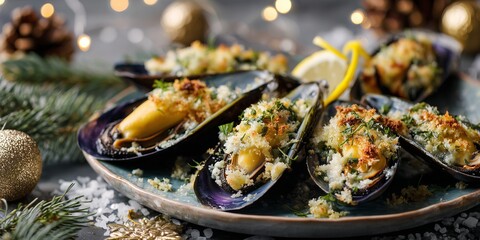 Herb-baked mussels with lemon zest rest in a ceramic dish surrounded by pine branches and soft ornaments in warm festive light.