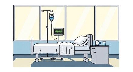 Hospital Bed in Patient Room with Medical Equipment and Large Windows