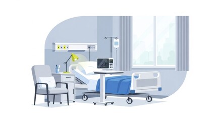 Modern Hospital Bedroom with Medical Bed and Equipment in Bright Light