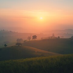 Serene sunrise over rolling hills, misty landscape, natural beauty, warm light, tranquil scene, peaceful dawn, outdoor vista.