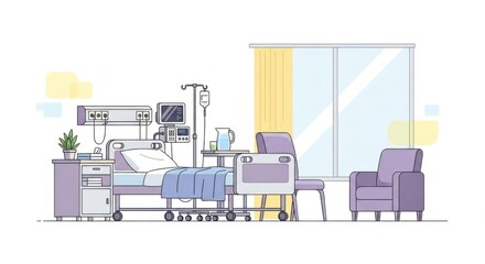 Modern Hospital Patient Room with Bed Medical Equipment and Comfortable Seating