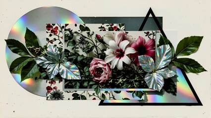 Modern floral collage with holographic leaves, CD disc, geometric shapes, and botanical pattern background.
