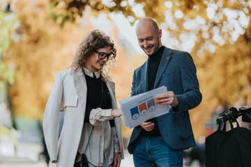 A man and a woman business partners review printed materials on a sunny autumn day, standing on a city street. They smile, collaborate, and plan, conveying professional teamwork in a relaxed setting.