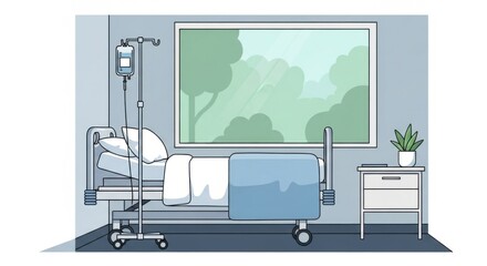 Hospital Bed in Room with Window and Potted Plant