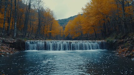 A tranquil waterfall cascading into a serene river amidst autumn foliage, in a lush mountain valley