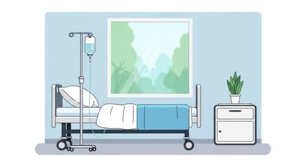 Hospital Bed with Iv Stand and Potted Plant in Modern Medical Room