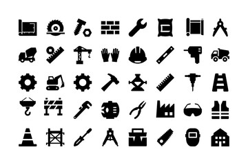 Obraz premium Construction Industry Icons Set | Building Tools Blueprint Crane Safety Hard Hat Cement Mixer Drill Brick Trowel Saw Wrench Scaffolding Road Cone Gear