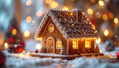 Aesthetic gingerbread house with warm icing lights, blurred festive background