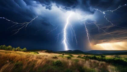Thunderbolt Of Lightning Is Hitting The Earth During A Powerful Thunderstorm