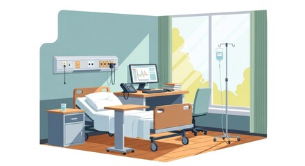 Hospital Patient Room with Bed Monitor Desk and Iv Stand in Bright Natural Light