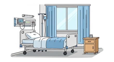 Hospital Bed in Patient Room with Medical Equipment and Window