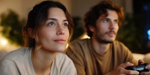 Fototapeta premium Young caucasian couple relaxing at home playing video games together