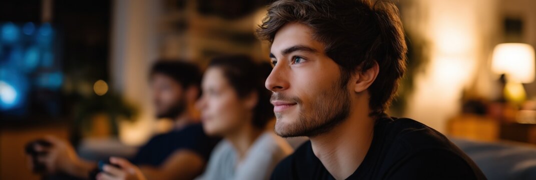 Young adults enjoying video games at home in evening ambiance
