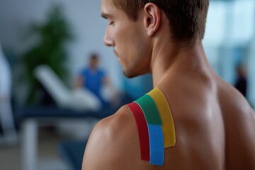 Young caucasian male with kinesiology tape on shoulder in rehabilitation setting