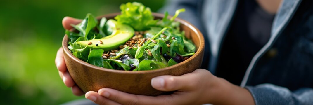 Fresh green salad with avocado and mixed greens in wooden bowl