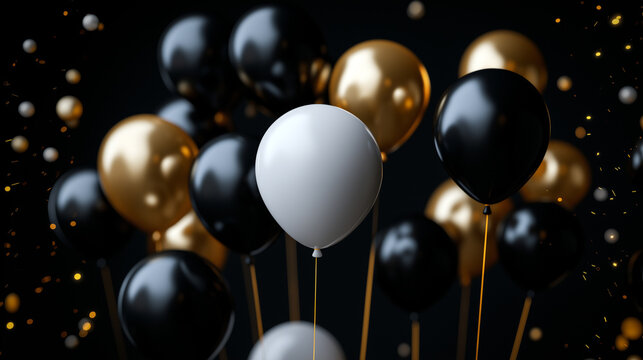 Stylish Black, White, and Gold Balloons on a Dark Background. Modern New Year Party Decoration