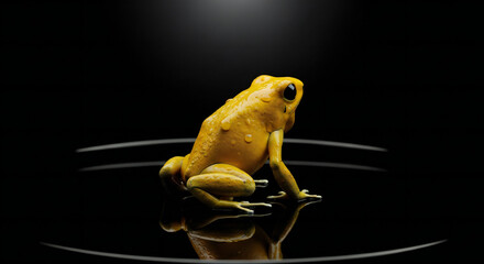 A vibrant yellow frog sits poised on a reflective surface, bathed in soft, focused light