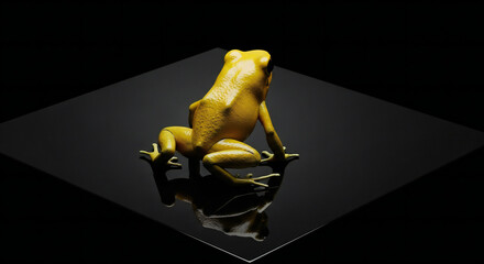 Golden poison frog sits with its reflection shown in stark contrast against black backdrop