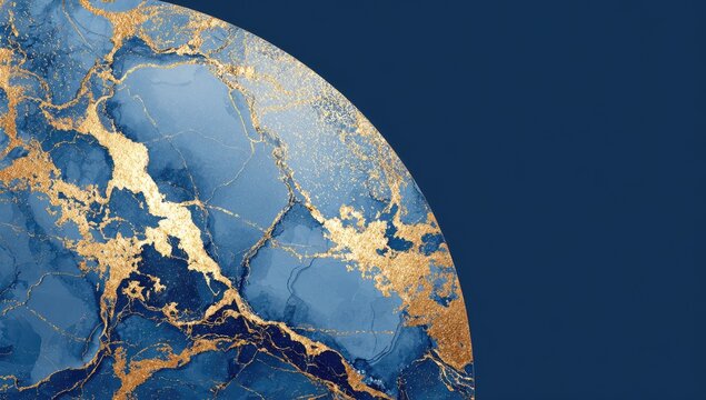 Abstract blue and gold marble design, crescent shaped. Dark navy background