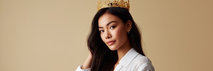 Elegant asian female wearing gold crown on beige background