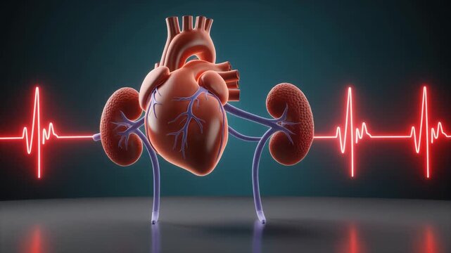 Human heart and kidneys with glowing red ECG line representing cardiovascular and renal health.