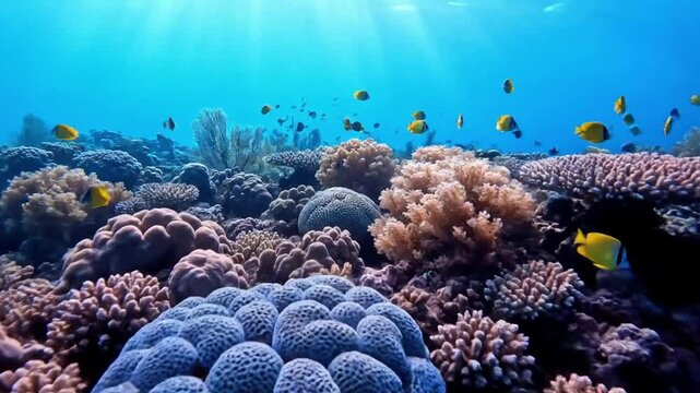 Abstract close up capturing the mesmerizing patterns and brilliant color transitions of a healthy, untouched coral ecosystem bathed in natural sunlight.