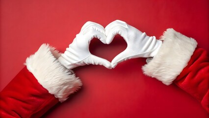 Santa Gloves Making Heart Gesture on Red Background for Christmas Love and Festive Holiday Themes