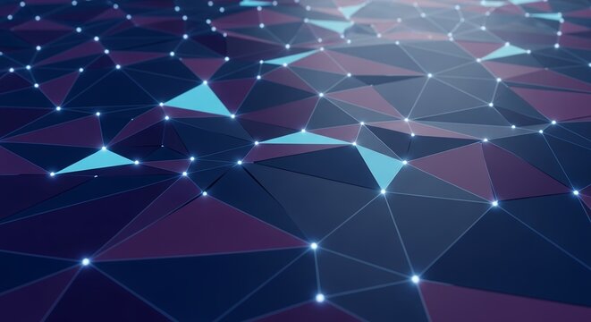 Abstract polygonal surface with glowing nodes and triangles in blue and purple hues. Concept for network visualization, data analysis and artificial intelligence