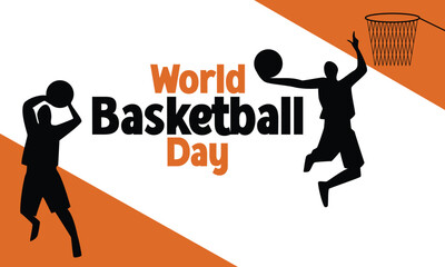 World basketball day celebration with dynamic players and hoop.