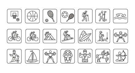 Collection of Hand-Drawn Sports and Recreation Icons in Square Frames.