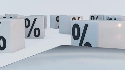 A close-up 3D animation of white cubes, many displaying a black percentage sign (%). This suggests themes of interest rates, discounts, financial calculations, or zero-percent financing.