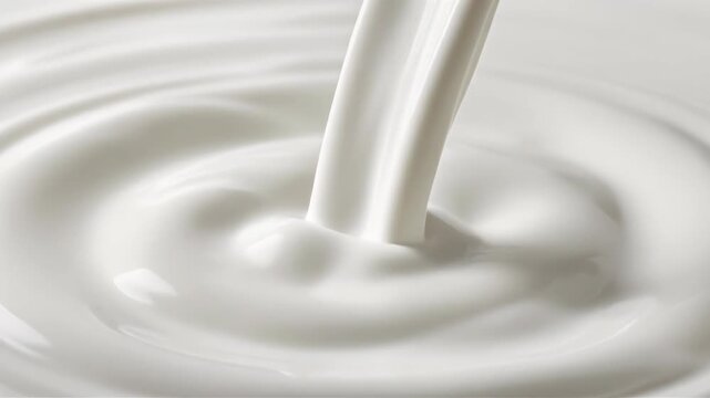 High-quality close-up of milk pouring into a pool of cream with ripples and splashes