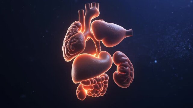 Human Internal Organs with Glowing Energy and Abstract Particles in a Dark Blue Background.