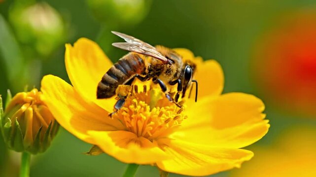 Dynamic, natural light illuminating the gentle dance of life, where a bee's work directly contributes to the growth and reproduction of plant species and a healthy environment.