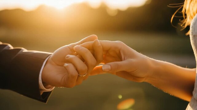 Closeup of a couple holding hands during sunset, symbolizing love, commitment, and the beginning of a new chapter