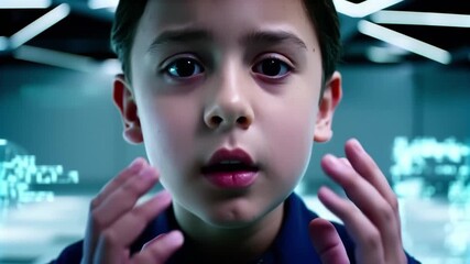 Close-up of Young Boy Experiencing Futuristic Augmented Reality Data Scan and Reacting with Astonishment - Powered by Adobe