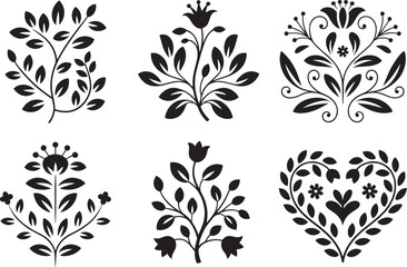 Decorative black floral silhouettes set for elegant design elements
