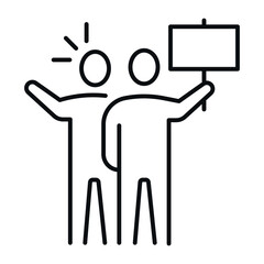 An icon of a public demonstration, strike or picket with striking people holding signs and expressing support for the common cause