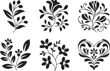 Set of six elegant floral vector designs for ornamental elements