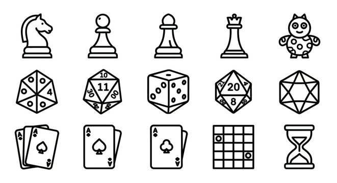 Collection of Line Art Game Icons - Chess Pieces, Dice, Cards, and More.