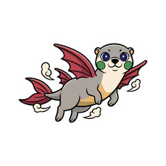 Cute cartoon otter with dragon wings and fish tail flying isolated on white background isolated on transparent background silhouette