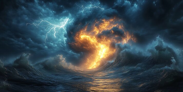 Dramatic Stormy Sky with Lightning Over Turbulent Ocean Waves thunder tempest - Powered by Adobe