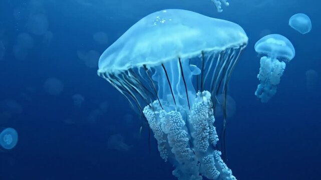 An extreme close up of a jellyfish's intricate oral arms and frilly tentacles, revealing the subtle textures and patterns on its translucent form against a softly diffused background.