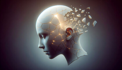Abstract Fragmented Mind with Glowing Golden Cracks