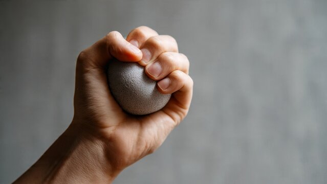 Tight grip on stress ball symbolizing pressure indoor setting closeup emotional impact vertical view