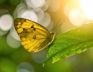 Yellow Butterfly on Green Leaf in Sunlight