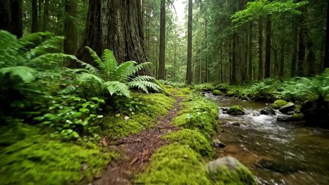An expansive, wide angle establishing shot of a pristine, old growth temperate forest at dawn, shrouded in a soft, atmospheric mist, emphasizing its vastness and wild beauty.
