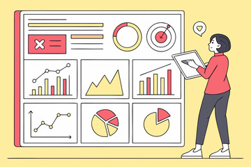 Vibrant dashboard of graph analysis data and woman vector with yellow background