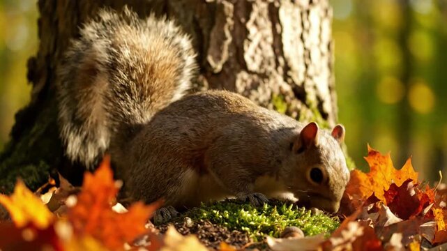 A wide shot of a European squirrel perched on a sun dappled branch, silhouetted against a blurred backdrop of lush green forest foliage. Establishing the peaceful forest habitat, emphasizing the?