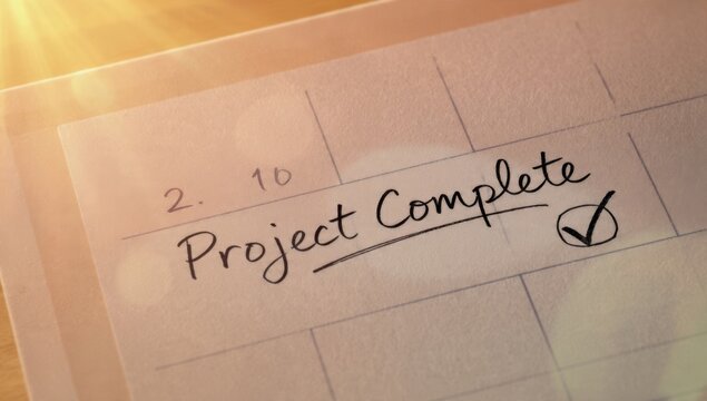 Successful project completion highlighted on calendar page with pencil warm tone close-up perspective
